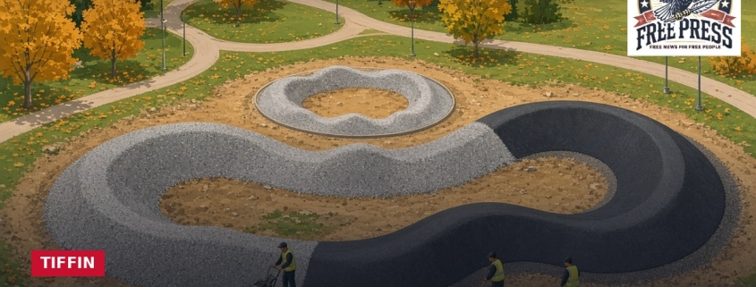 Fostoria News Pump track with winding curves and autumn trees in Tiffin park.